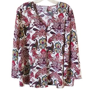 Chico's Colorful Fall Paisley Print Split-Sleeve Top Fashion Blouse Size 12/14